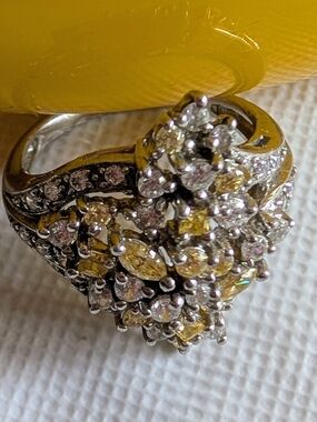 925 Two-Tone Yellow and Clear stone Sterling Silver Floral Cluster Ring